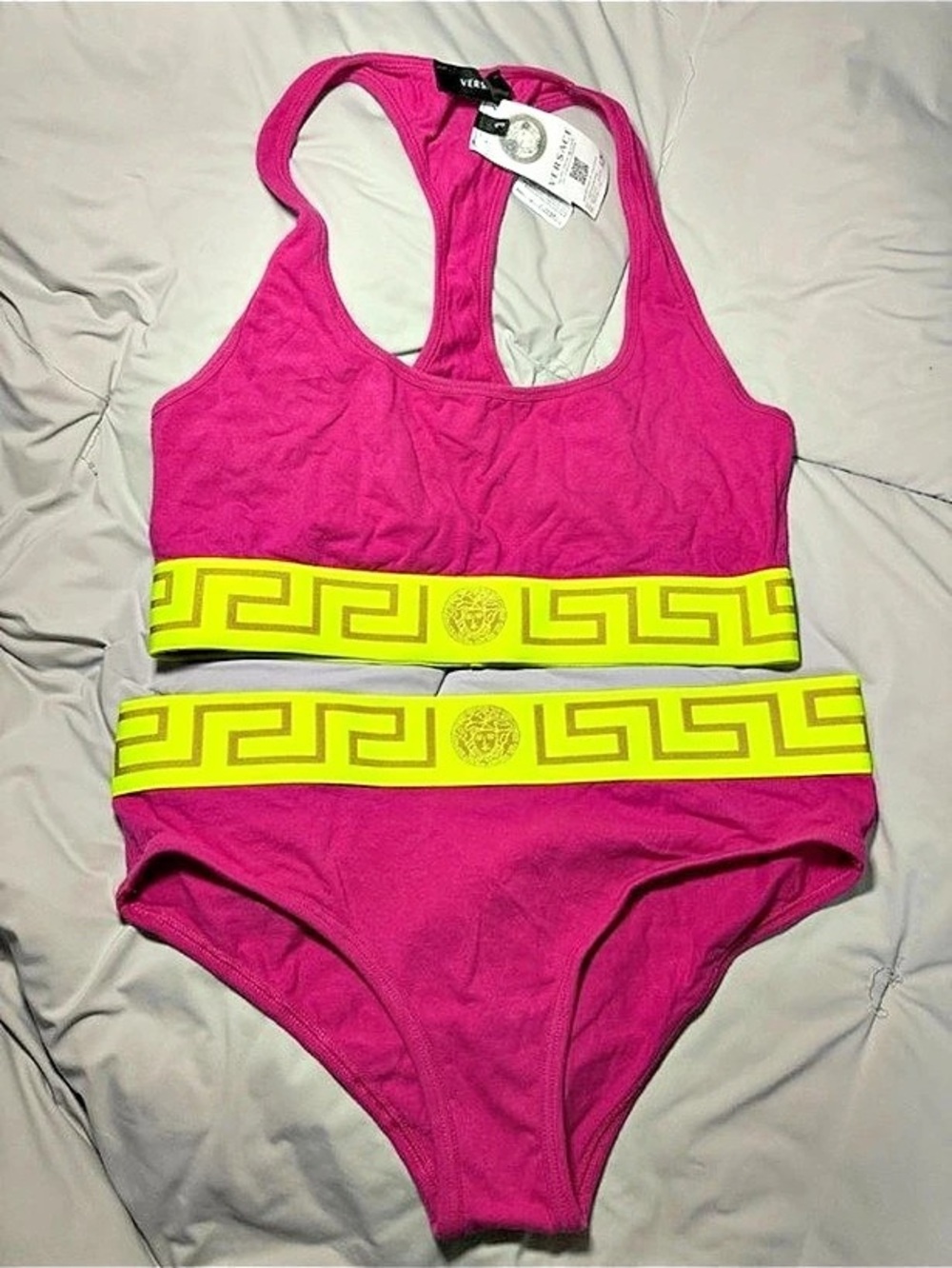 Versace Women's Geometric bra and panty set in Pink & Yellow